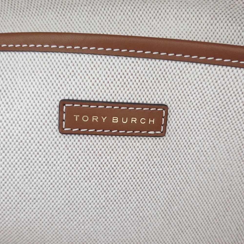 EXCELLENT TORY BURCH BLAKE CANVAS LEATHER JUMBO TOTE IN NATURAL CLASSIC CUOIO - Picture 4 of 8